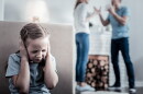 Too much stress. Little nervous girl closing her ears while hearing quarrels