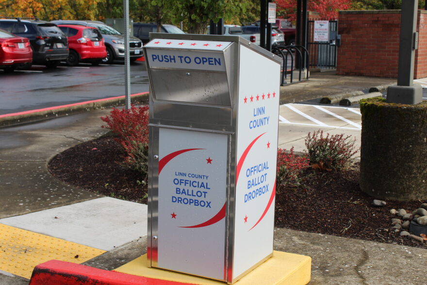 An official ballot dropbox located outside of the Linn County Clerk’s Office in Albany, Oregon.