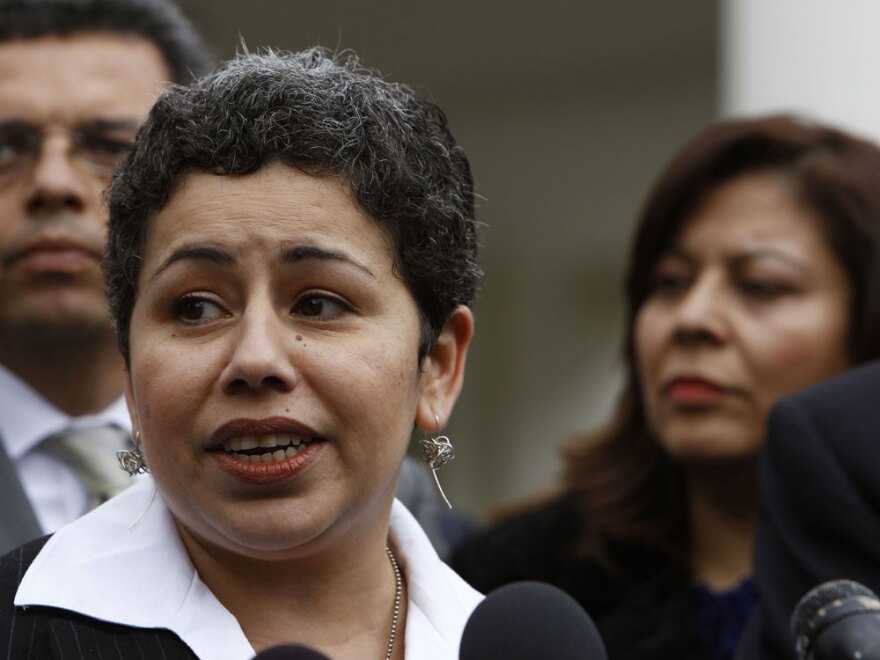Clarissa Martinez de Castro of the National Council of La Raza talks to reporters after meeting with President Obama to discuss comprehensive immigration reform.