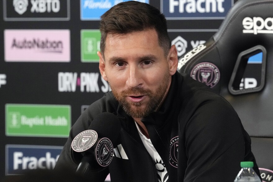 Inter Miami's Lionel Messi answers a question during a soccer news conference, Thursday, Aug. 17, 2023, in Fort Lauderdale.