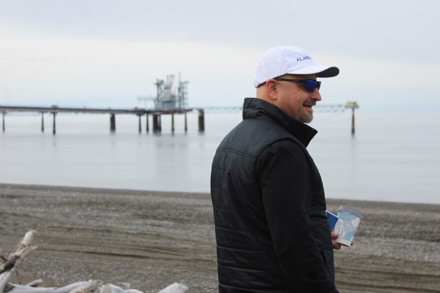 Glenfarne Group CEO Brendan Duval stands in front of the former Kenai LNG export terminal on Monday, May 18, 2026 in Nikiski, Alaska.