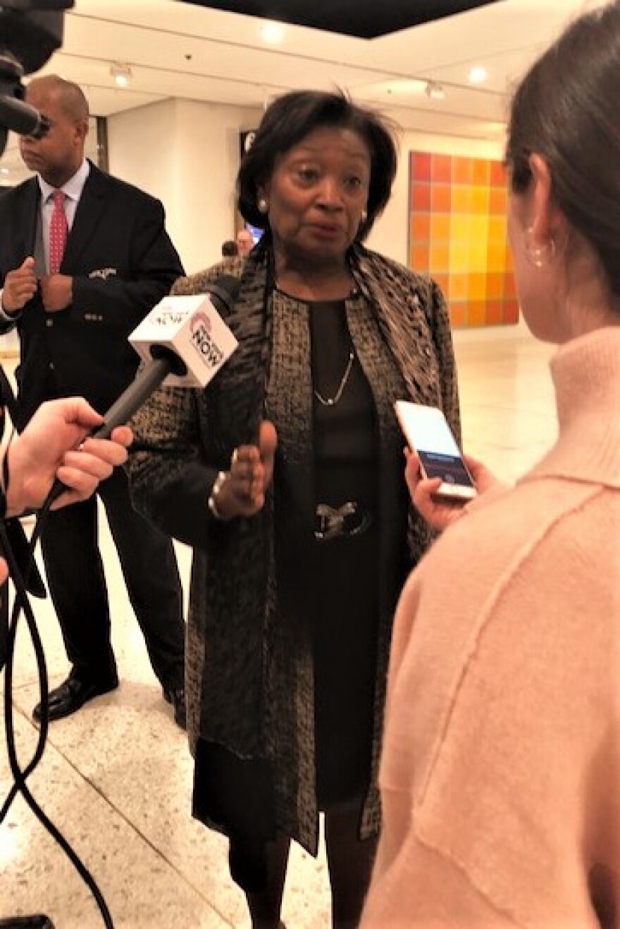 Senate Leader Andrea Stewart-Cousins speaks to reporters on Thursday.