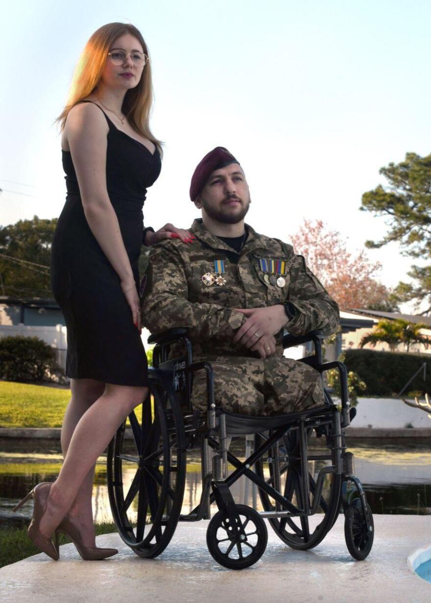 Mykhaylo Varvarych, 27, (right) sits in a wheelchair with his girlfriend Iryna Botvinska, 19, (left). Varvarych is a sergeant in the Ukraine Army, where he has served for the last seven years. Last May, Varvarych was in a vehicle that drove over a land mine, which exploded and robbed him of his legs. Recently, Varvarych was given prosthetic legs by the Revived Soldiers Ukraine program.