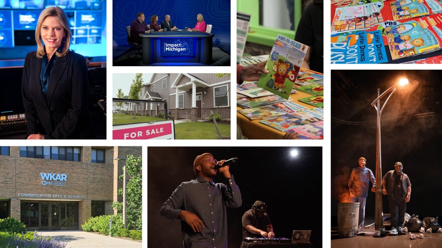 A collage of images including a tv host, panel discussion, house for sale, children’s books and a building entrance with WKAR sign