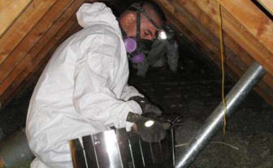 Veterans Green Jobs’ Jordan Latva installs sheet metal, isolating a pipe that transports hot furnace gases. The work is done before blowing additional insulation material into the attic of a low-income home.