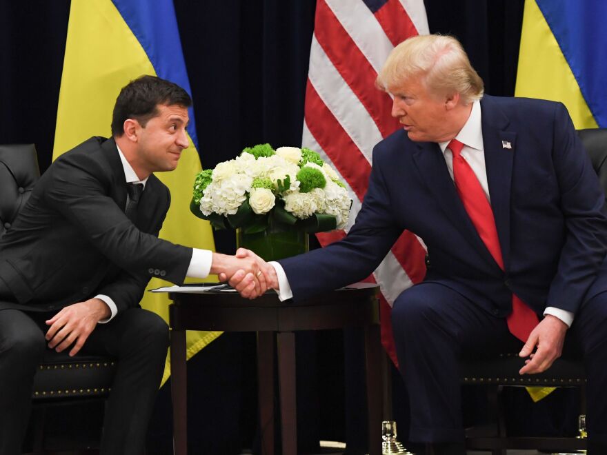Zelenskiy shakes hands with President Trump during a meeting on the sidelines of the United Nations General Assembly on Sept. 25.