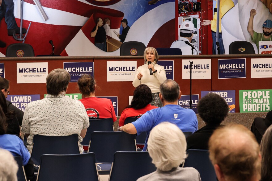 Gov. Michelle Lujan Grisham address the audience gathered Wednesday evening