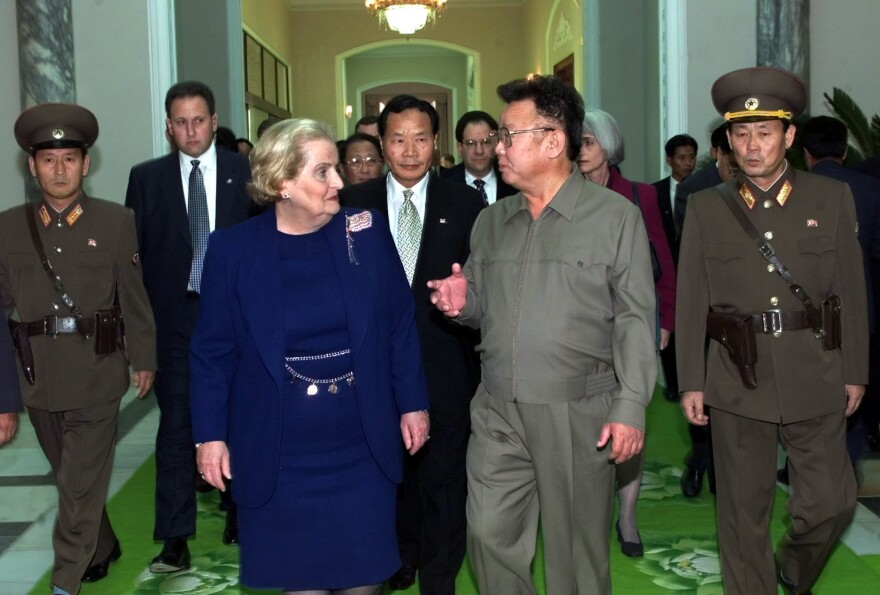 North Korean leader Kim Jong Il and Secretary of State Madeleine Albright met in Pyongyang on Oct. 23, 2000. Tong Kim (between Albright and Kim) served as the State Department interpreter.