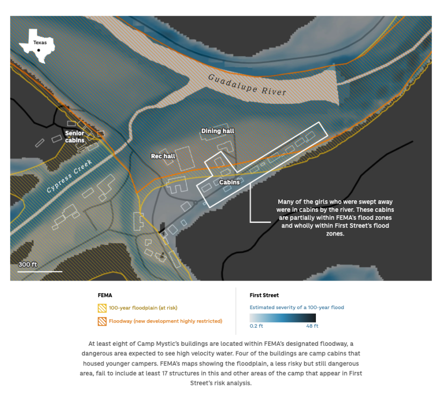 A map showcasing which Camp Mystic buildings are included in flood risk zones.
