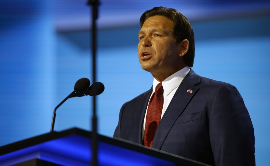 Gov. Ron DeSantis of Florida talks to the crowd during the session at the Fiserv Forum for the Republican National Convention in Milwaukee, Wis., Tuesday, July 17, 2024. (Ashleigh Lucas/WUFT News)