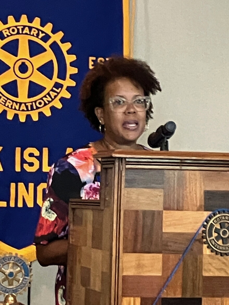 Dr. Sharon Williams, superintendent of Rock Island-Milan schools, gives a talk Tuesday, Sept. 8 to a joint meeting of Rock Island Rotary and Kiwanis clubs.