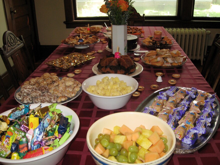 Some of the snack selections served at my graduation party. This emerged from my mom's luggage, dear reader. (Well, minus the fruit.)