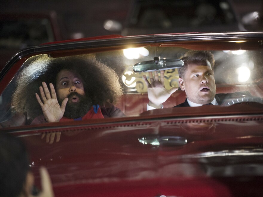 Reggie Watts and Corden tape the opening sequence for <em>The Late Late Show with James Corden.</em>