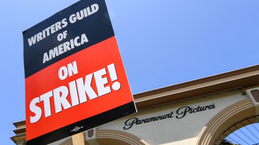 Screenwriters on strike protest in front of Paramount Studios on May 2, 2023 in Los Angeles, California.