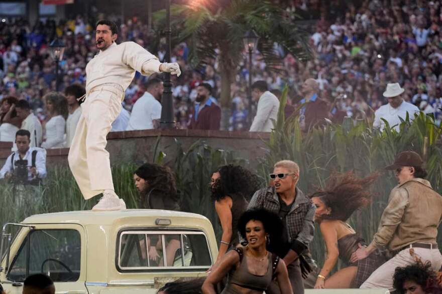 Bad Bunny performs during halftime of the NFL Super Bowl 60 football game between the New England Patriots and the Seattle Seahawks, Sunday, Feb. 8, 2026, in Santa Clara, Calif. (Lynne Sladky/AP)