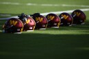 Washington Commanders helmets sit on the field during practice at the team's NFL football training facility, Monday, Aug. 1, 2022 in Ashburn, Va. The congressional investigation of the NFL's Washington Commanders will end when Republicans take over early next year. U.S. House Committee for Oversight and Reform ranking Republican Rep. James Comer issued a statement Thursday, Nov. 17, 2022, saying simply, ‘It’s over."
