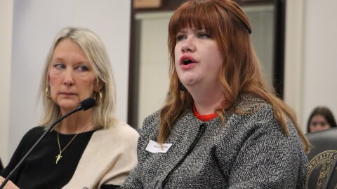 Advocate Donna Simmons sits beside GOP Sen. Julie Raque Adams as she describes the abuse and trauma she suffered as a result of her child marriage. Raque Adams was presenting Senate Bill 156, to close the final loophole in the state's ban on child marriage.