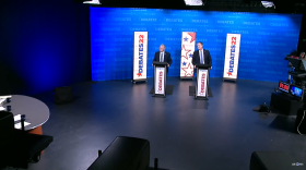 Lt. Gov. Tim Griffin (left) and Democratic candidate Jesse Gibson meet in a debate for candidates for Attorney General of Arkansas Wednesday.