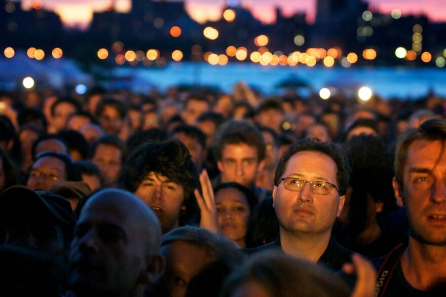 Fans face away from the Manhattan skyline during sunset at Sonic Youth's Williamsburg Waterfront show. "It was magical," says Lee Ranaldo.