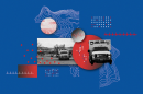 A composite graphic of ambulances, contour lines, an EKG reading, and other colors and shapes.