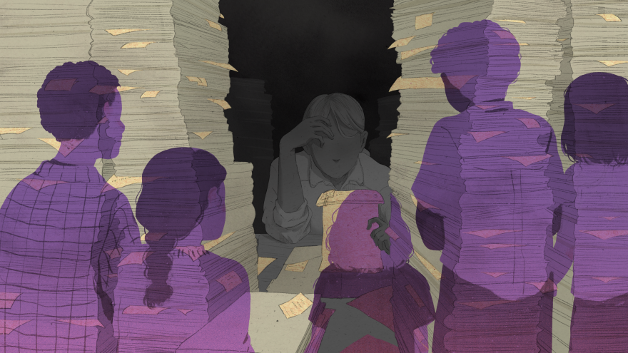 An illustration of a child abuse investigator with her head rested in her hand looks at thousands of documents as silhouettes of children are in the foreground.