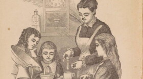 Artistic sketch of a woman teaching three girls how to cook.