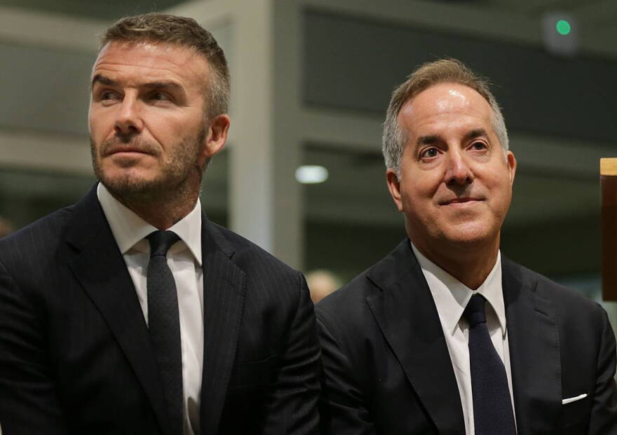 From left, David Beckham and Miami MLS Expansion ownership partner Jorge Mas of MasTec, joined at a public hearing on the possibility of bringing a Major League Soccer stadium to Miami at Miami City Hall on Thursday July 12, 2018.