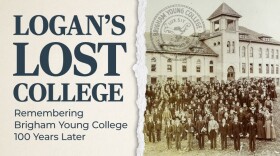 Logan's lost college: Remembering Brigham Young College 100 Years Later. A black-and-white photo of a large group of people in front of an old building. 