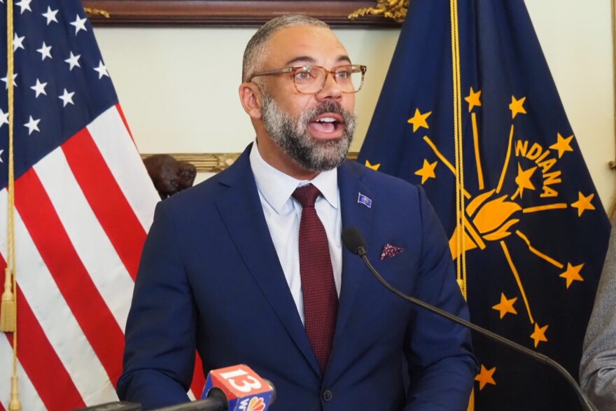 Indiana Department of Administration Commissioner Brandon Clifton talks about government efficiency and savings at a news conference on Wednesday, Aug. 27, 2025.