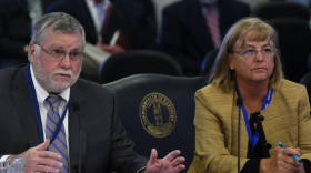 Justice and Public Safety Cabinet Secretary Kerry Harvey and Kentucky Department of Juvenile Justice Commissioner Vicki Reed respond to questions from members of the Legislative Oversight and Investigations Committee meeting on October 12, 2023.