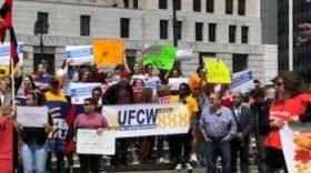 armworkers and supporters rally at the State Capitol Monday Credit Karen DeWitt / WRVO News