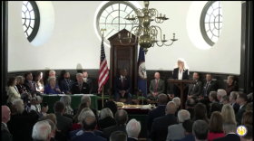 Gov. Abigail Spanberger addresses a commemorative session marking the 250th anniversary of the Virginia General Assembly in Williamsburg on October 7, 2026.