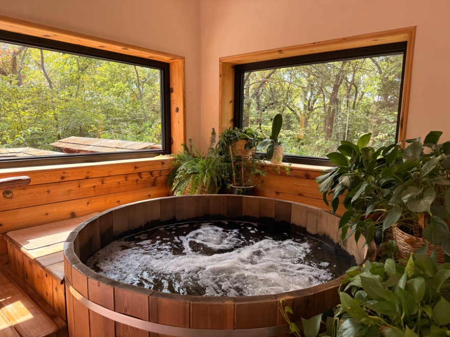 Jalu is a Tibetan-inspired bathhouse near Lawrence, Kansas, with a cedar tub, sauna and cold plunge.