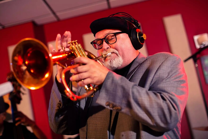 Flugelhornist Dmitri Matheny performing in the KNKX Seattle Studios.