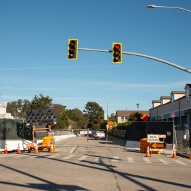 Photo shows a closure at the entrance to the Murray Street Bridge in the Seabright neighborhood of Santa Cruz.