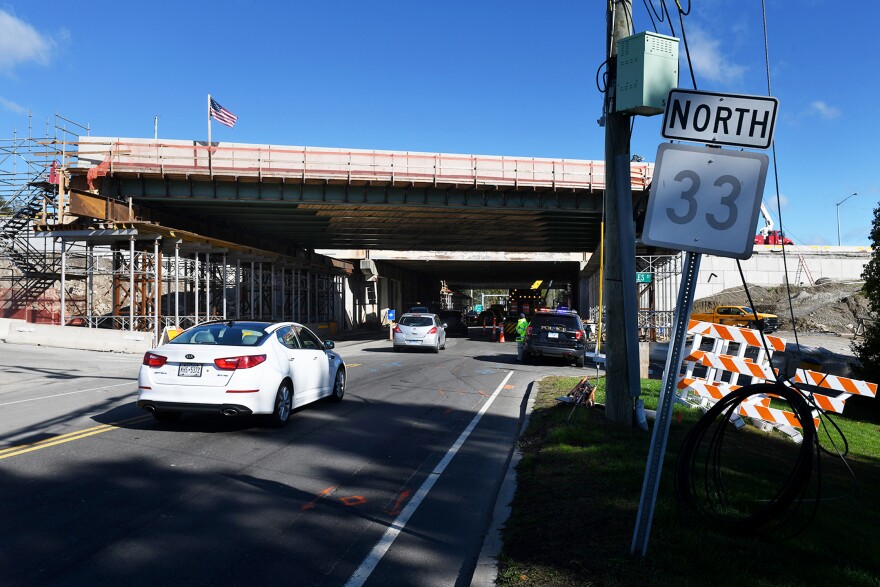 A new northbound bridge section of I-95 that will soon be moved into place over Saugatuck Ave., in Westport, Conn. Oct. 16, 2023.