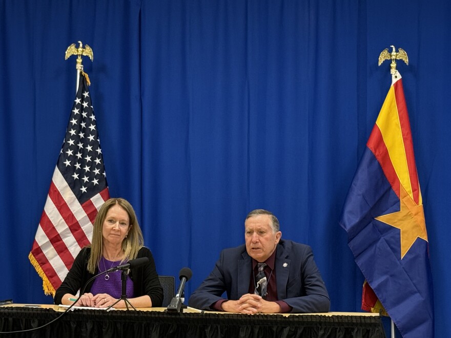 Brenda Burman, general manager of the Central Arizona Project, and Tom Buschatzke, Arizona's top water negotiator, address reporters in Phoenix on February 2, 2026. Buschatzke said he was happy to hear a “willingness” to “continue to negotiate and look for a path forward" from his counterparts in the Upper Basin.