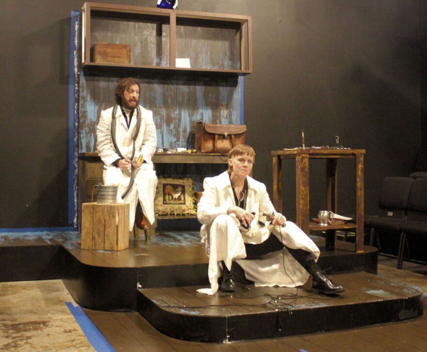 Ben Williamson and Amber McNew display onstage chemistry in their roles as Elisha Gray and his longsuffering assistant Cornelius.