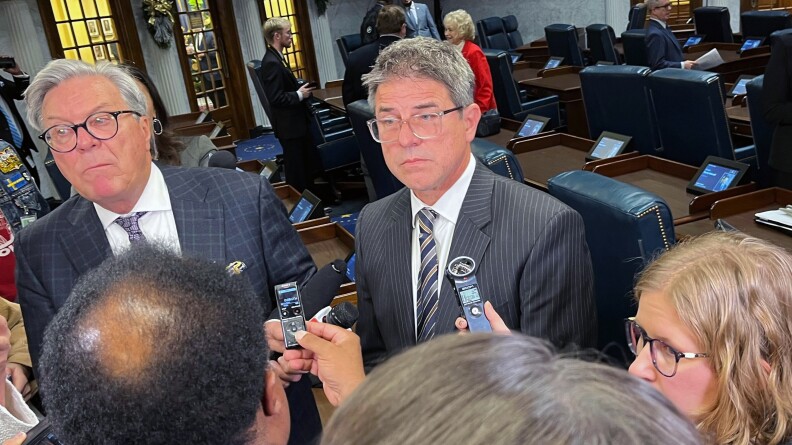 Senate President Pro Tem Rodric Bray (center) takes questions from reporters after lawmakers voted not to return until January 5, officially bucking calls to redistrict ahead of 2026.