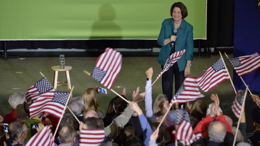 Sen. Amy Klobuchar speaks at a town hall in Exeter, N.H., on Monday. She has been climbing in the polls in the past week.