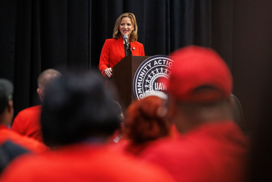 Secretary of State Jocelyn Benson speaks at the UAW Community Action Program Conference in Lansing, Mich., on Sept. 16, 2026.
