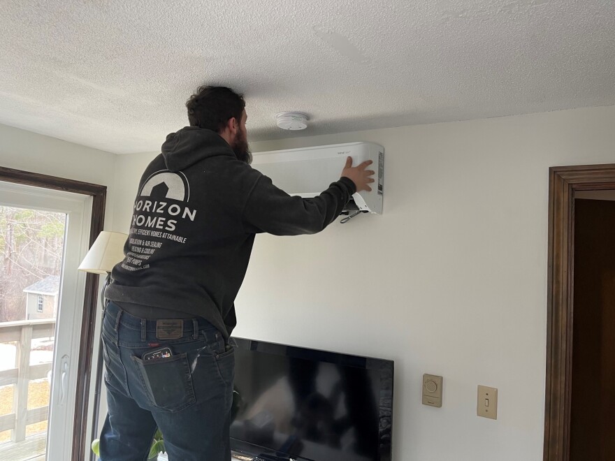 A heat pump is installed in a Yarmouth, Maine home in spring 2022.