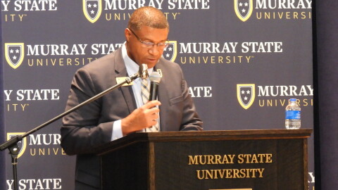 Murray State University president Ron Patterson speaks during his State of the University Address on Oct. 13, 2026, on the school's western Kentucky campus.