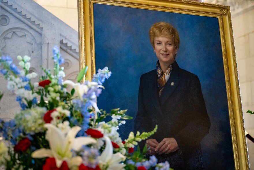 Former Connecticut Governor M. Jodi Rell’s portrait is displayed as she lies in state at The Capitol.
