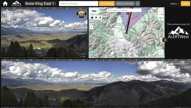 AI Camera feed from the Snow King Mountain, displaying a panoramic view of the valley and mountains below as well as a map of the area  