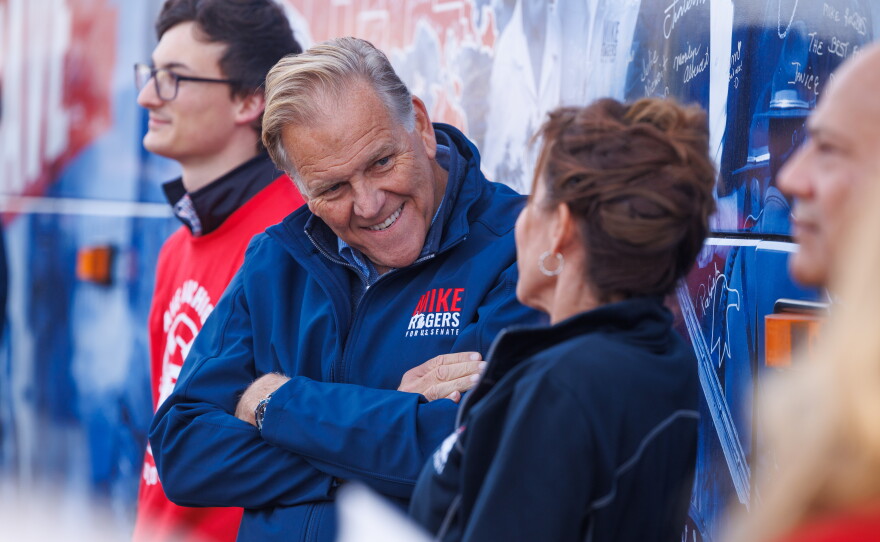 Republican U.S. Senate nominee Mike Rogers in Lansing Township, Mich., on Oct. 24, 2026, during a stop on his "We Have a State to Save" bus tour.