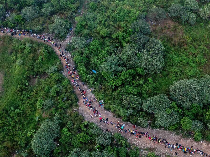 Aerial view showing migrants walking through the jungle near Bajo Chiquito village, the  first border control of the Darien Province in Panama, on September 22, 2023.