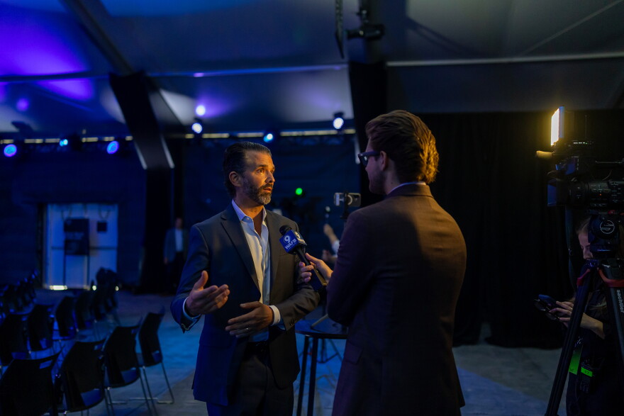Donald Trump, Jr. talks with a reporter ahead of the groundbreaking event for Hut 8’s River Bend data center in West Feliciana Parish, Louisiana, on Monday, October 5, 2026.