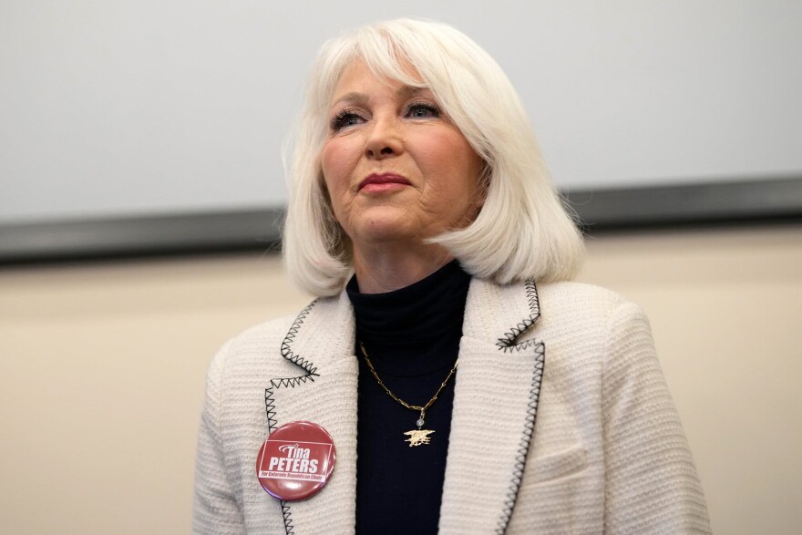 Tina Peters at a candidate debate in Hudson, Colo., in 2023.