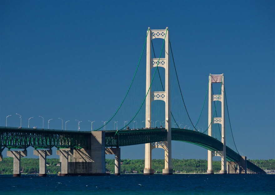 Line 5 marker in front of the Mackinac Straits